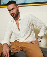 Men's Ivory White Self-Design Wave Shirt