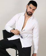 Men's Chalk White Self-Design Striped Shirt