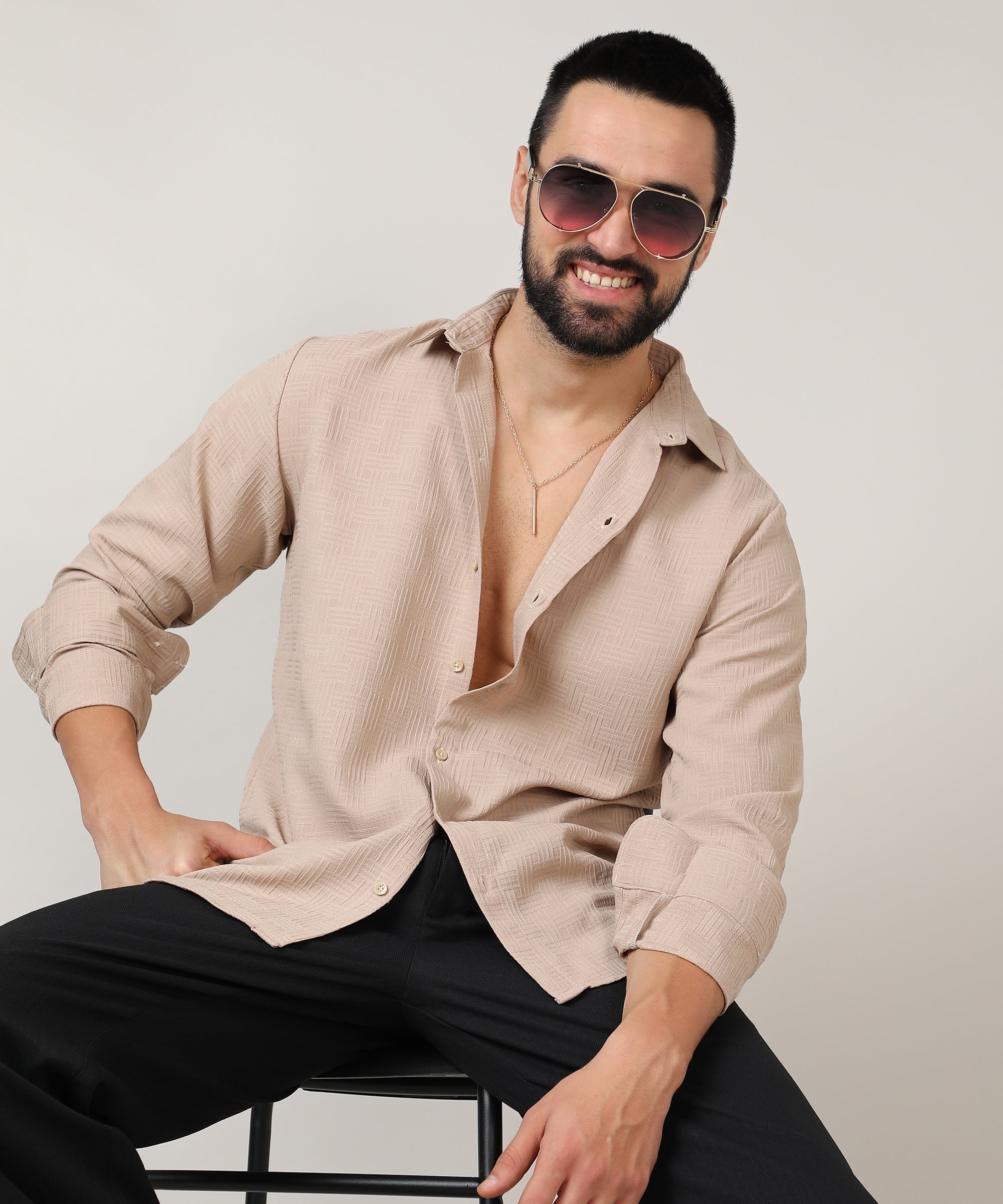 Men's Beige Self-Design Intertwine Shirt