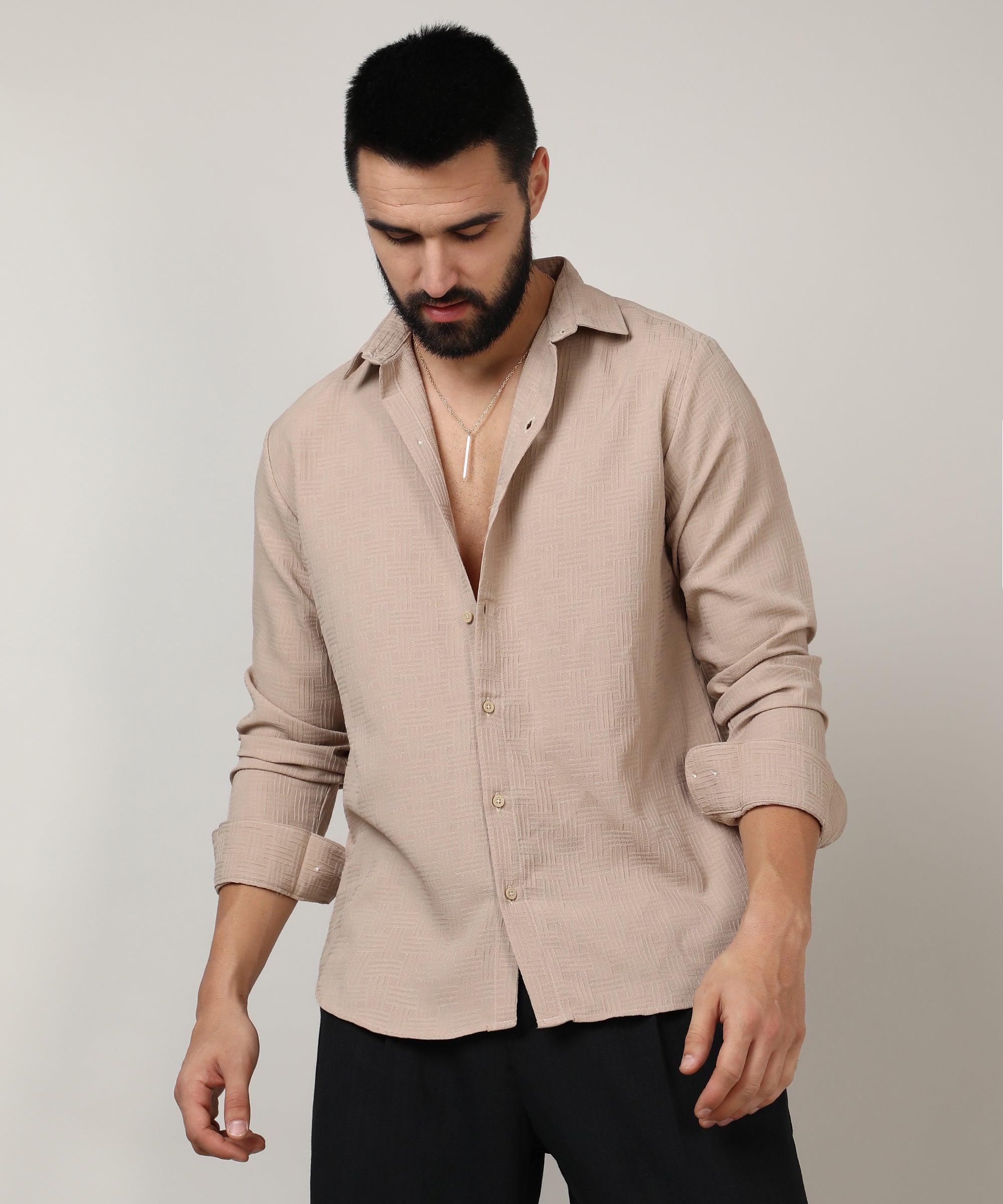 Men's Beige Self-Design Intertwine Shirt
