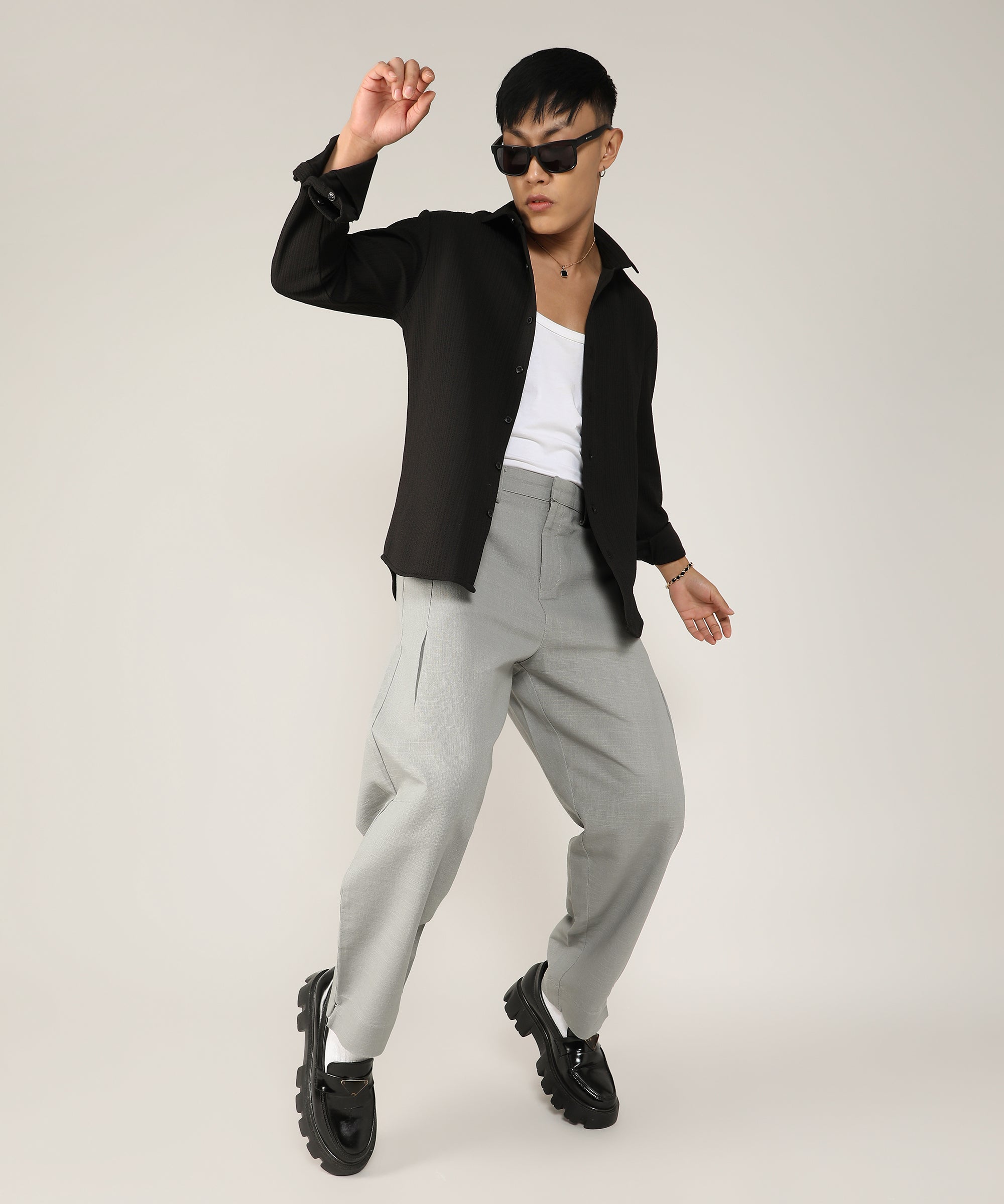 Men's Onyx Black Stripe-Creased Shirt