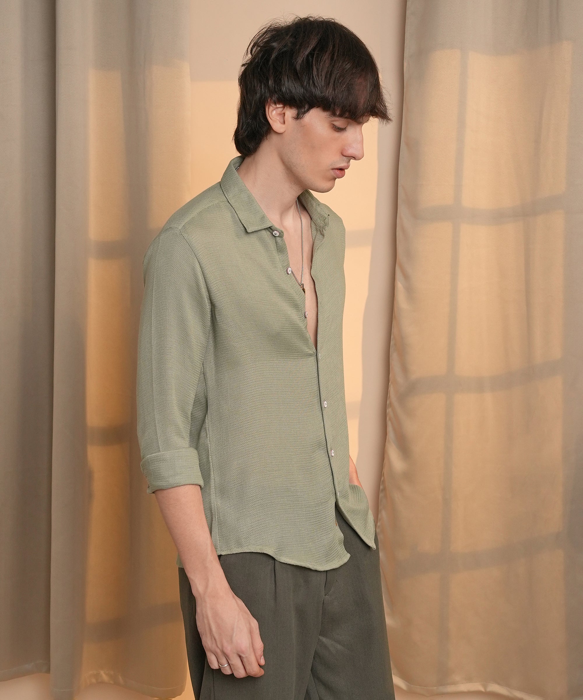 Men's Sage Green Woven-Textured Shirt