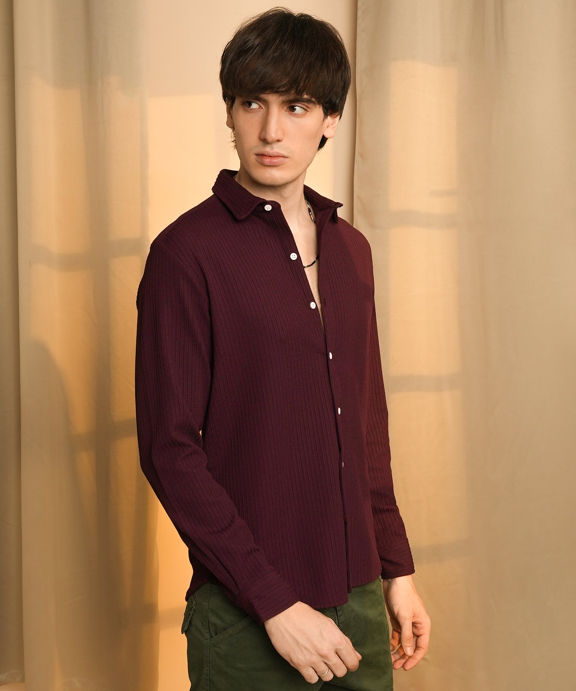 Men's Maroon Red Stripe-Creased Shirt