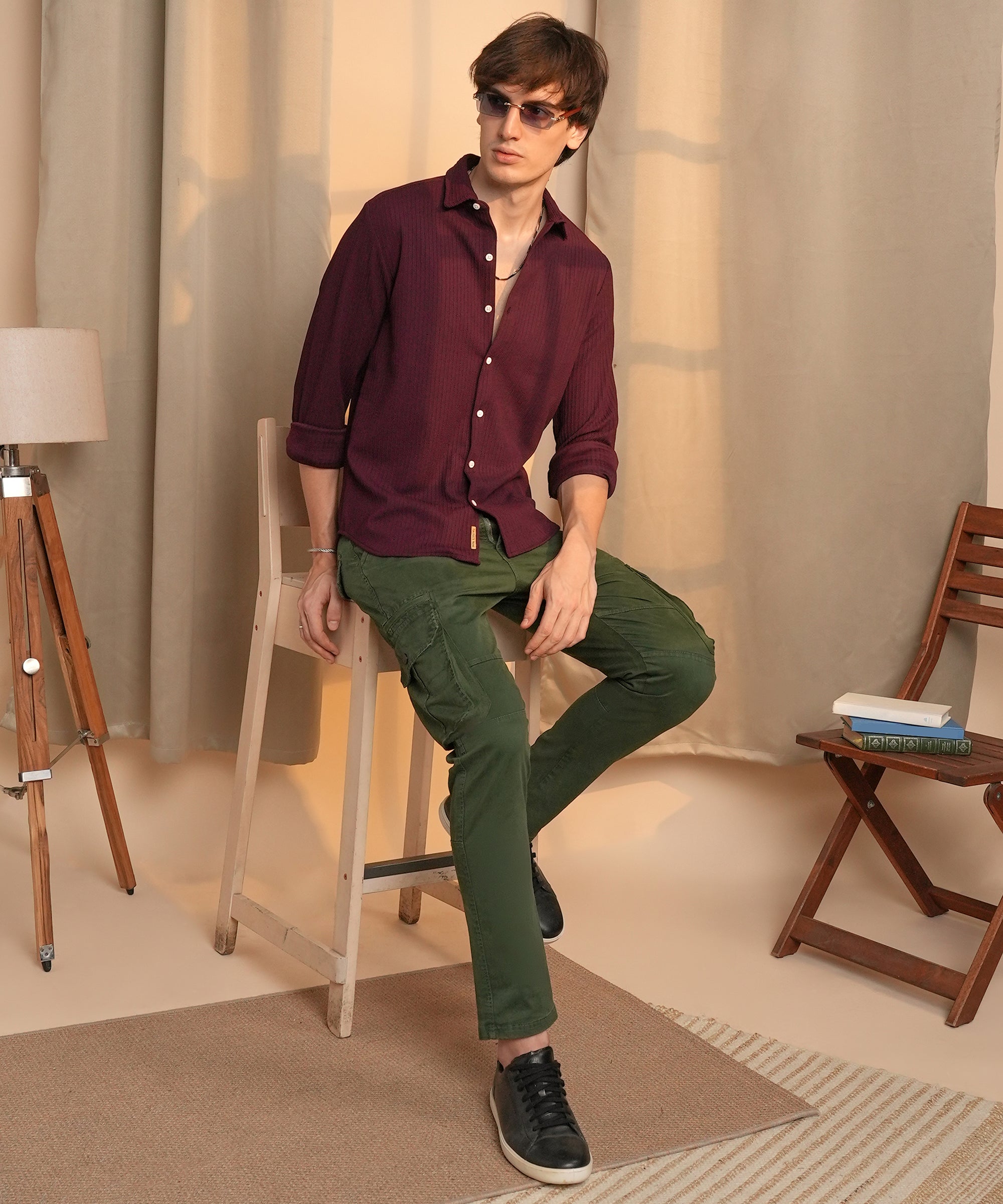 Men's Maroon Red Stripe-Creased Shirt