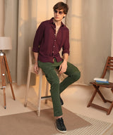 Men's Maroon Red Stripe-Creased Shirt