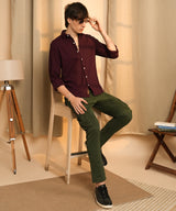 Men's Maroon Red Stripe-Creased Shirt