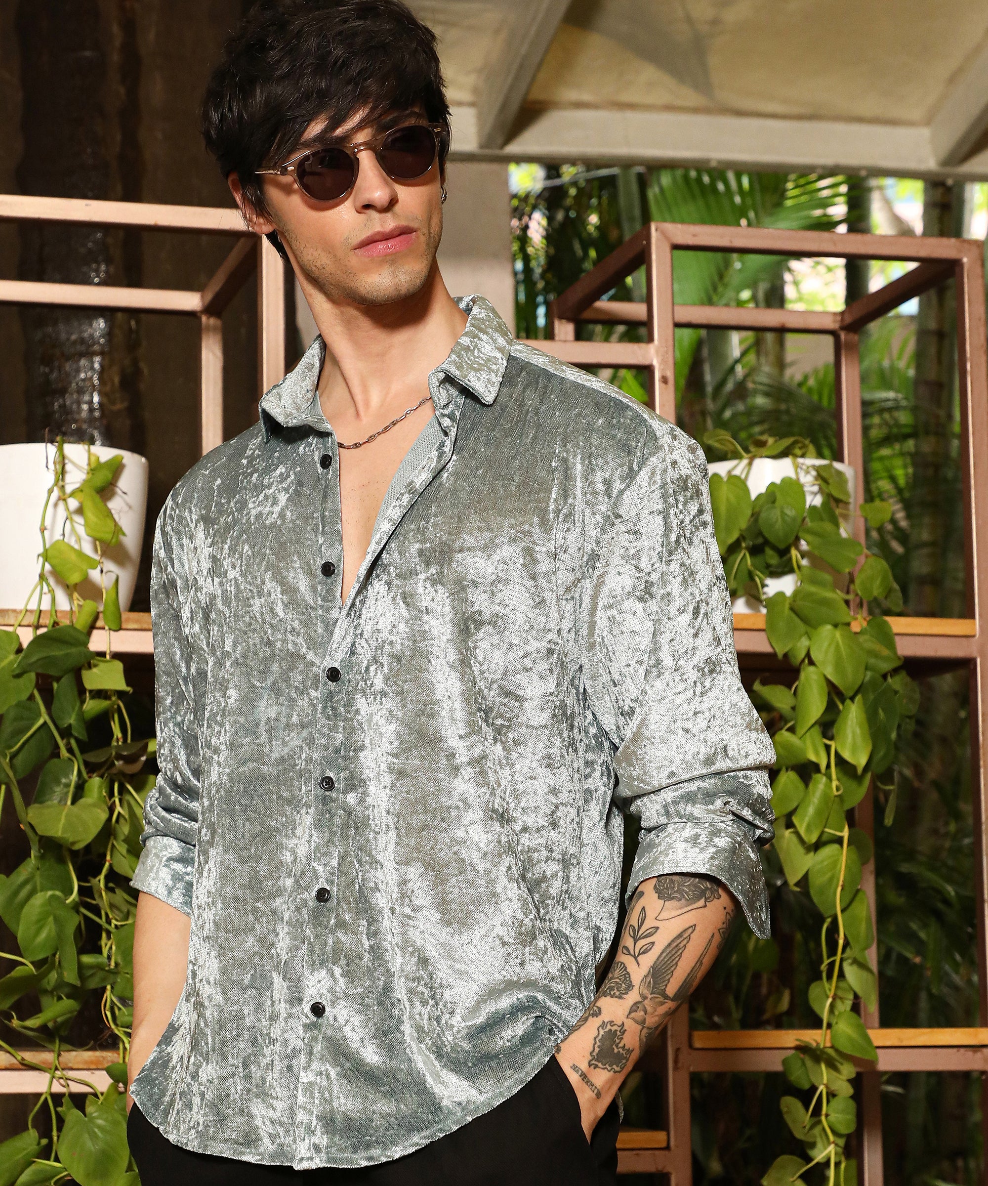 Men's Sage Green Solid Velvet Shirt