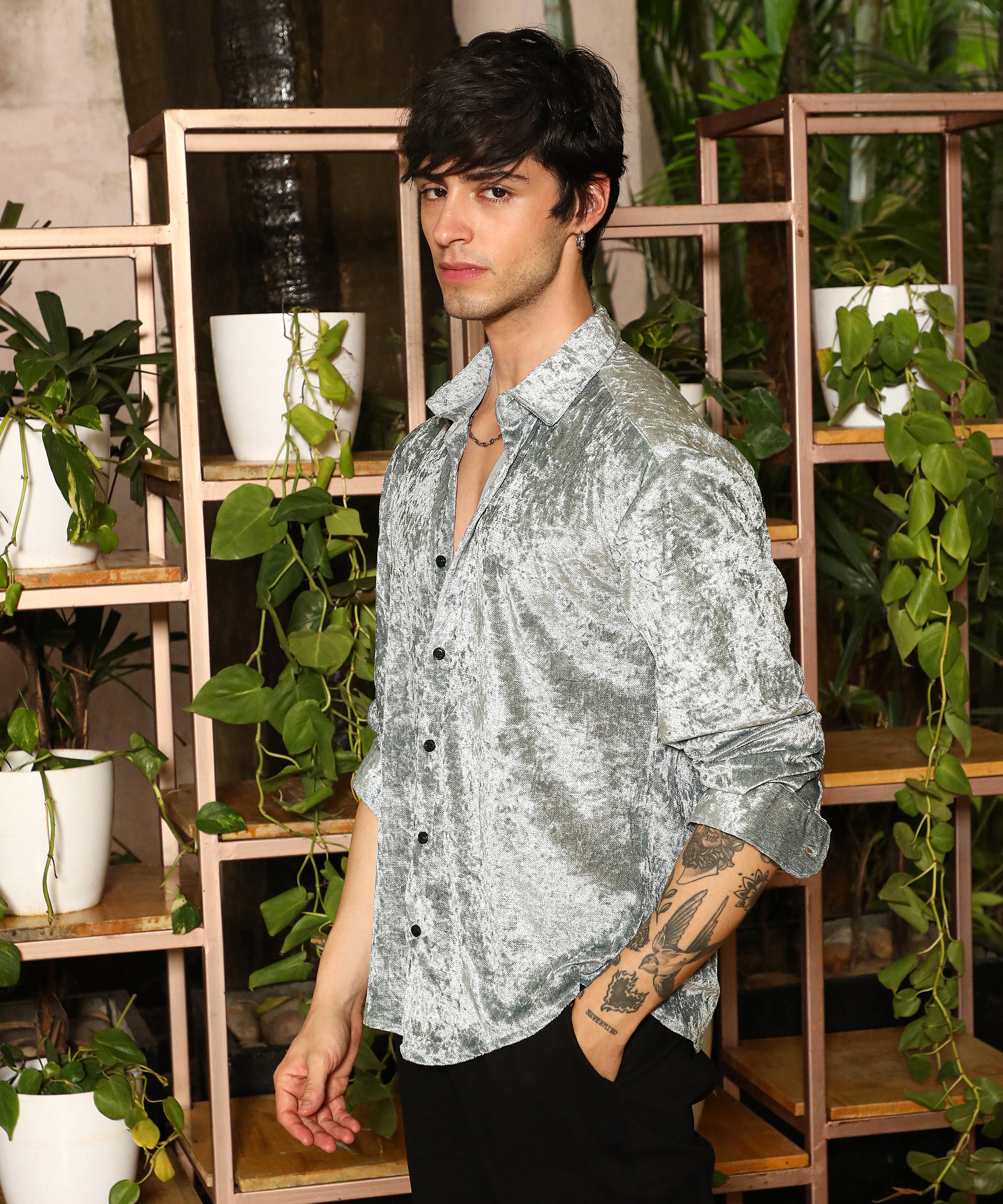 Men's Sage Green Solid Velvet Shirt