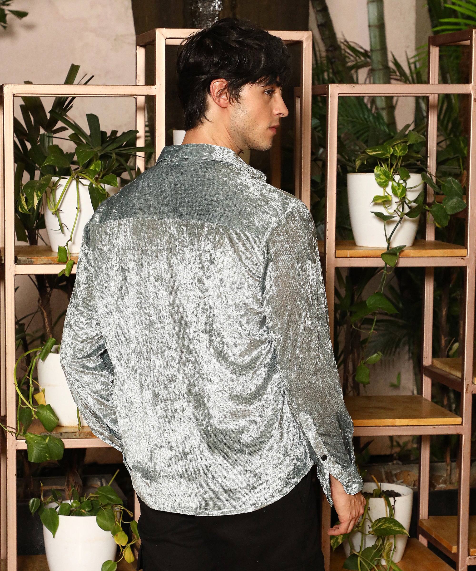 Men's Sage Green Solid Velvet Shirt