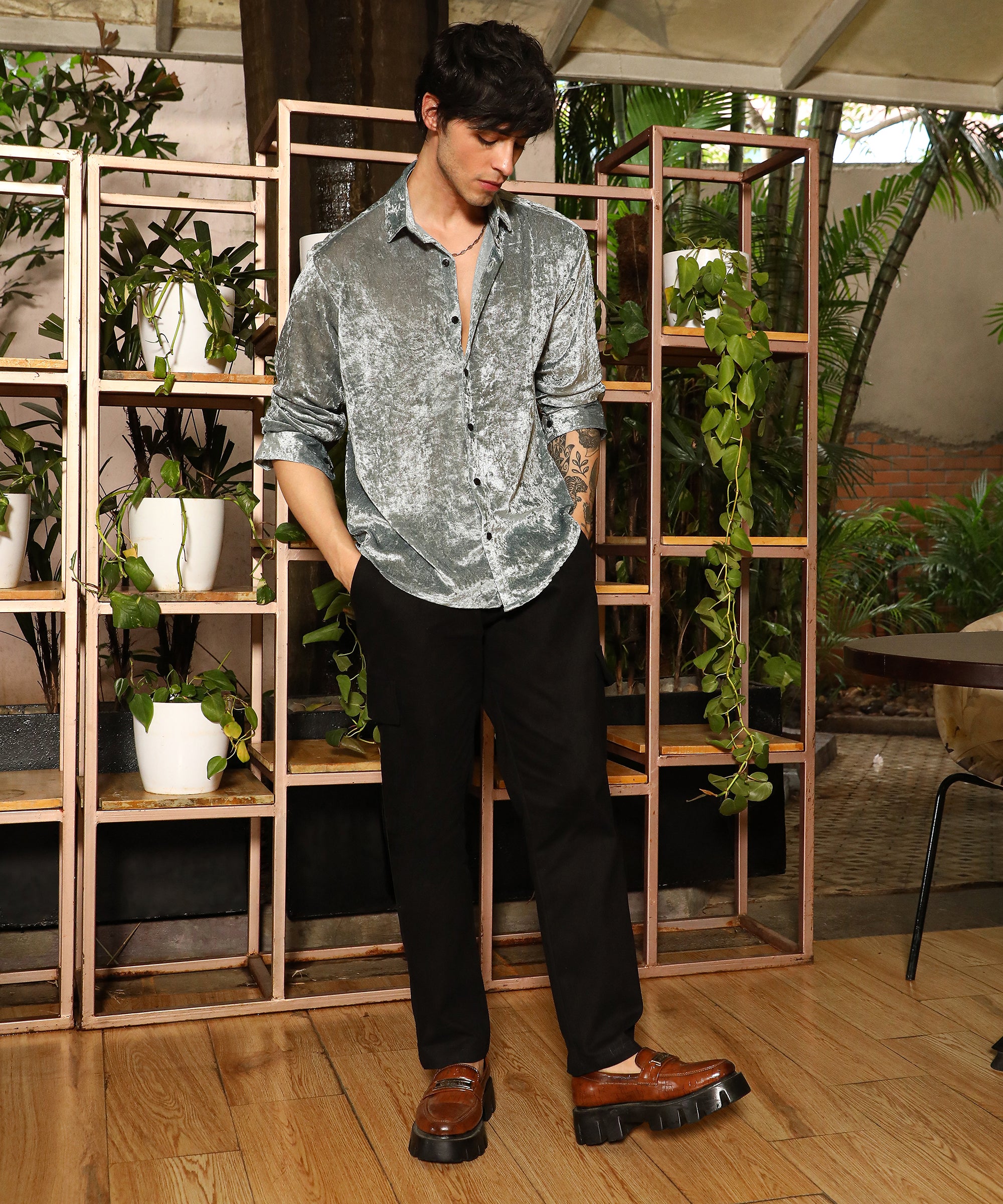 Men's Sage Green Solid Velvet Shirt
