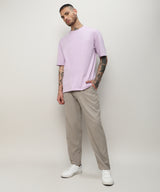 Men's Oatmeal Beige Solid Tailored Trousers