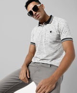 Men's White Striped Regular Fit Casual Polo Tshirt