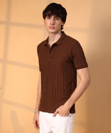 Men's Coffee Brown Houndstooth-Textured Polo Tshirt