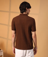 Men's Coffee Brown Houndstooth-Textured Polo Tshirt