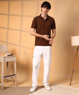 Men's Coffee Brown Houndstooth-Textured Polo Tshirt