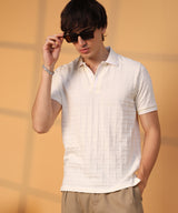 Men's Cream White Weave-Textured Polo Tshirt