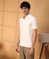 Men's Cream White Weave-Textured Polo Tshirt