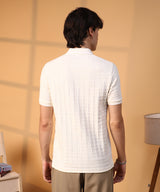 Men's Cream White Weave-Textured Polo Tshirt