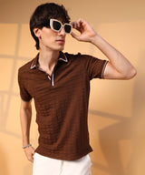 Men's Coffee Brown Weave-Textured Polo Tshirt