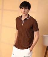 Men's Coffee Brown Weave-Textured Polo Tshirt