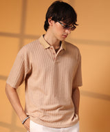 Men's Buff Beige Striped Oversized Polo Tshirt