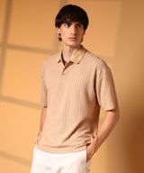 Men's Buff Beige Striped Oversized Polo Tshirt