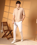 Men's Buff Beige Striped Oversized Polo Tshirt