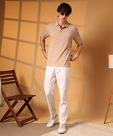 Men's Buff Beige Striped Oversized Polo Tshirt