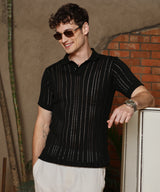 Campus Sutra Men's Obsidian Black Stripe-Textured Polo Tshirt