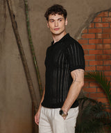 Campus Sutra Men's Obsidian Black Stripe-Textured Polo Tshirt