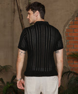Campus Sutra Men's Obsidian Black Stripe-Textured Polo Tshirt