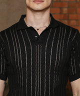 Campus Sutra Men's Obsidian Black Stripe-Textured Polo Tshirt