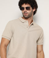 Campus Sutra Men's Saltbox Beige Chainlink-Ribbed Polo Tshirt