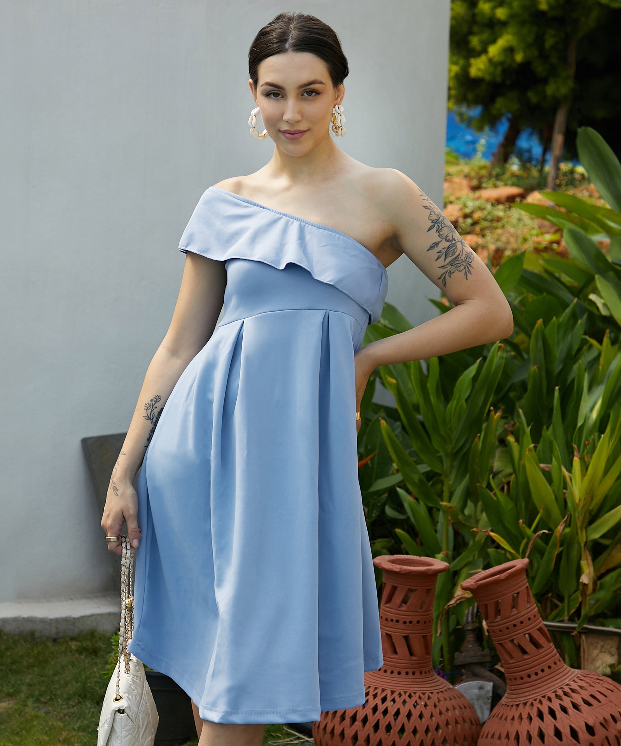 Women's Light Blue One-Shoulder Fit & Flared Party Dress