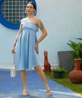 Women's Light Blue One-Shoulder Fit & Flared Party Dress