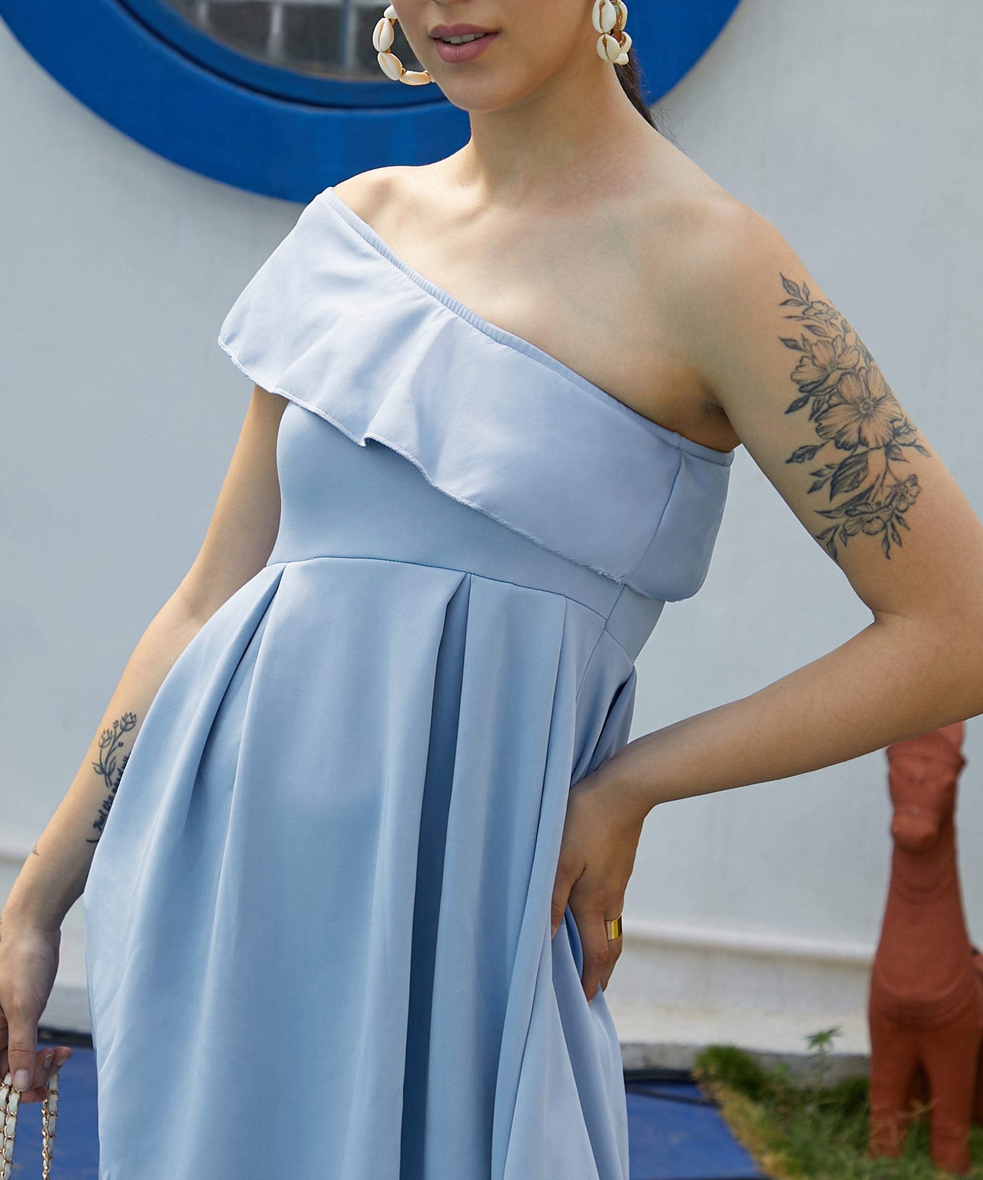 Women's Light Blue One-Shoulder Fit & Flared Party Dress