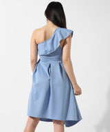 Women's Light Blue One-Shoulder Fit & Flared Party Dress