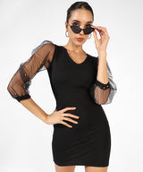 Women's Solid Black With Sheer Sleeves Bodycon Party Dress