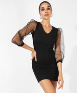 Women's Solid Black With Sheer Sleeves Bodycon Party Dress
