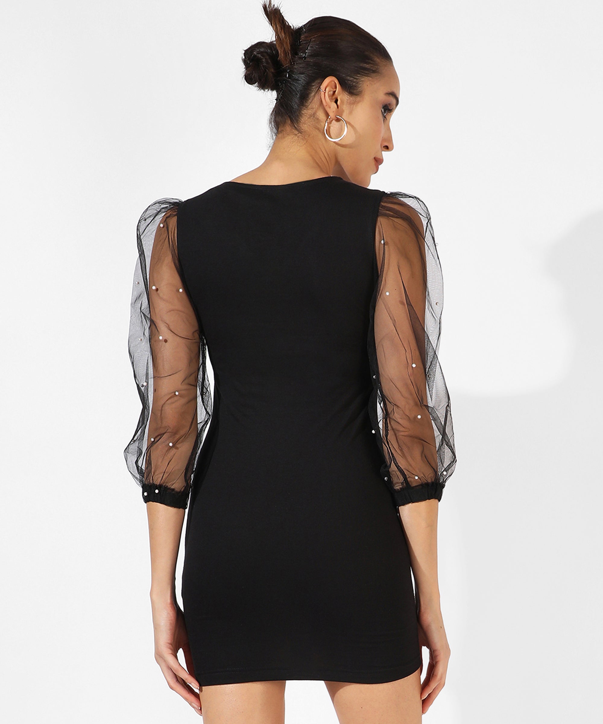 Women's Solid Black With Sheer Sleeves Bodycon Party Dress