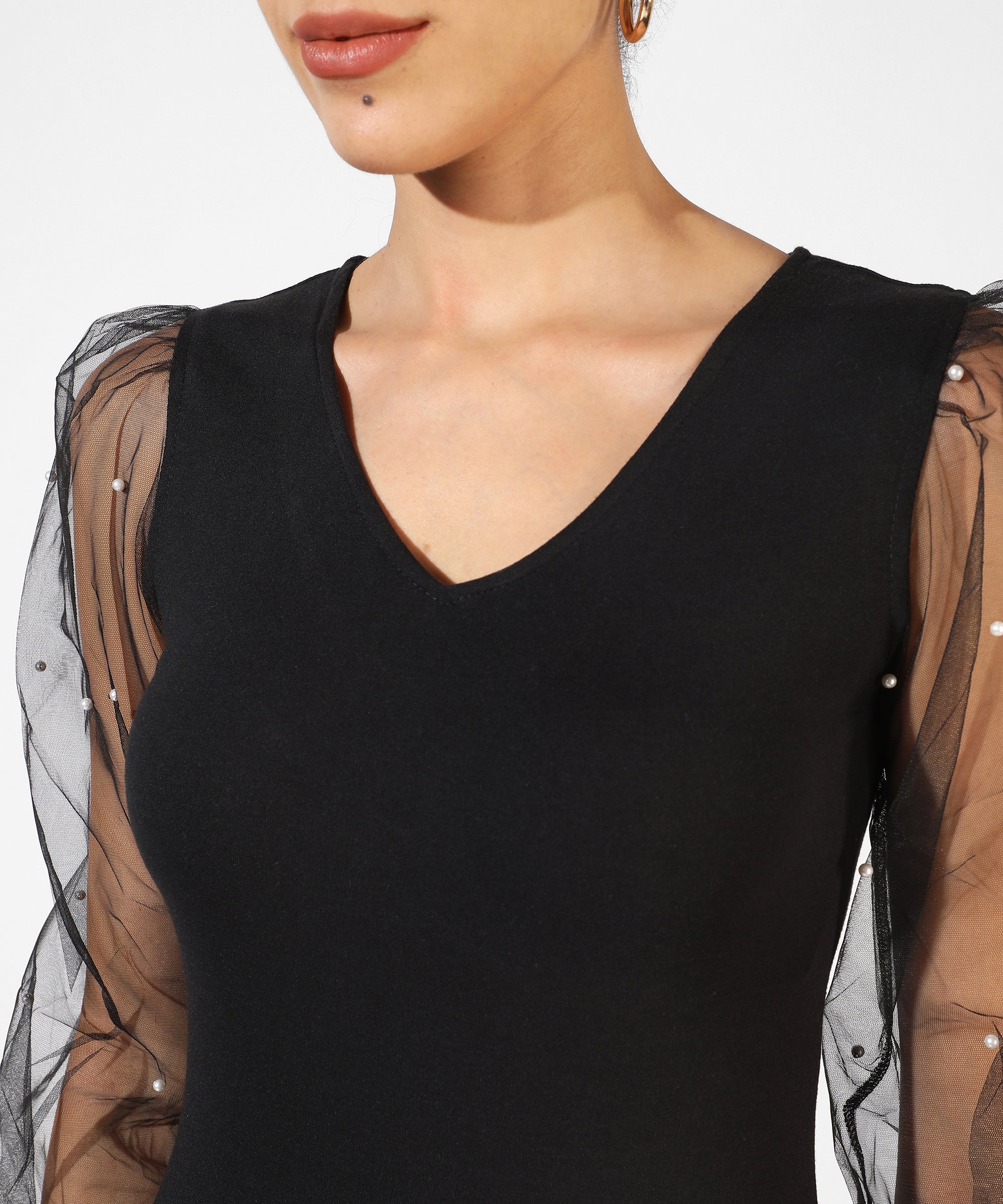 Women's Solid Black With Sheer Sleeves Bodycon Party Dress