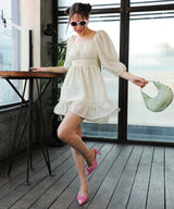 Women's Solid Light Yellow Sleeve Balloon Party Dress