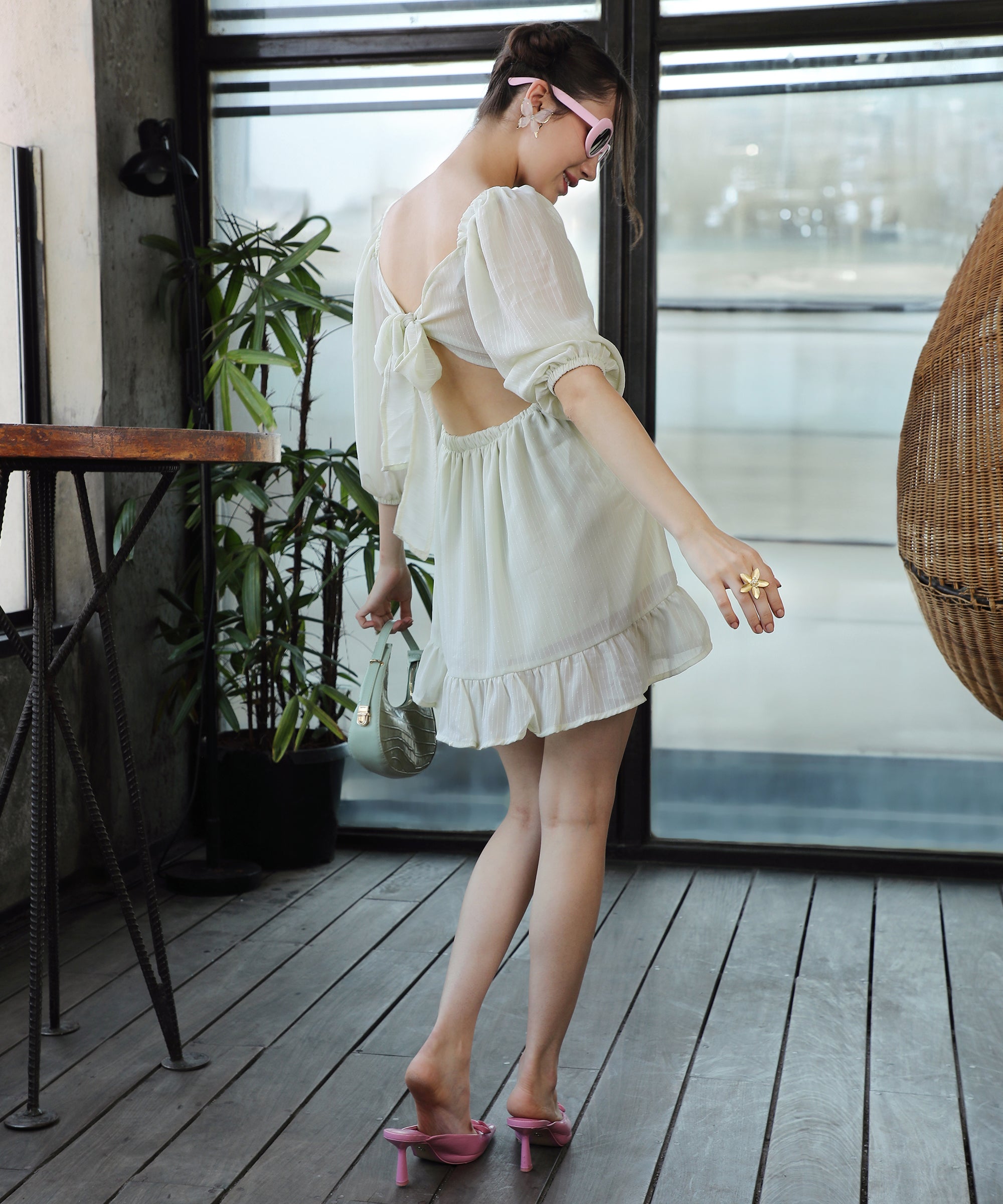 Women's Solid Light Yellow Sleeve Balloon Party Dress