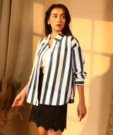 Women's Aegean Blue & Chalk White Candy Striped Boyfriend Shirt
