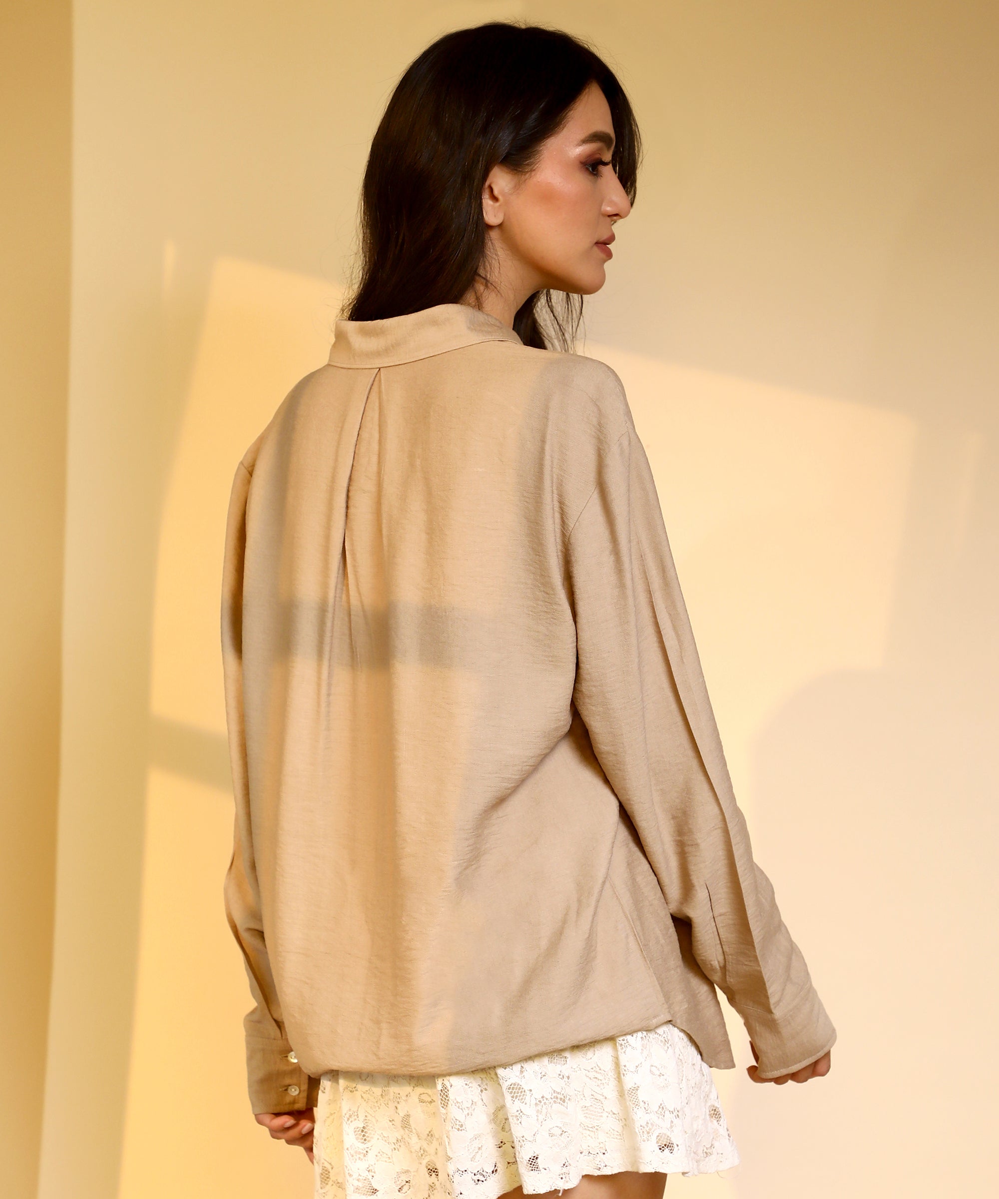 Women's Tan Brown Solid Wrinkled Shirt