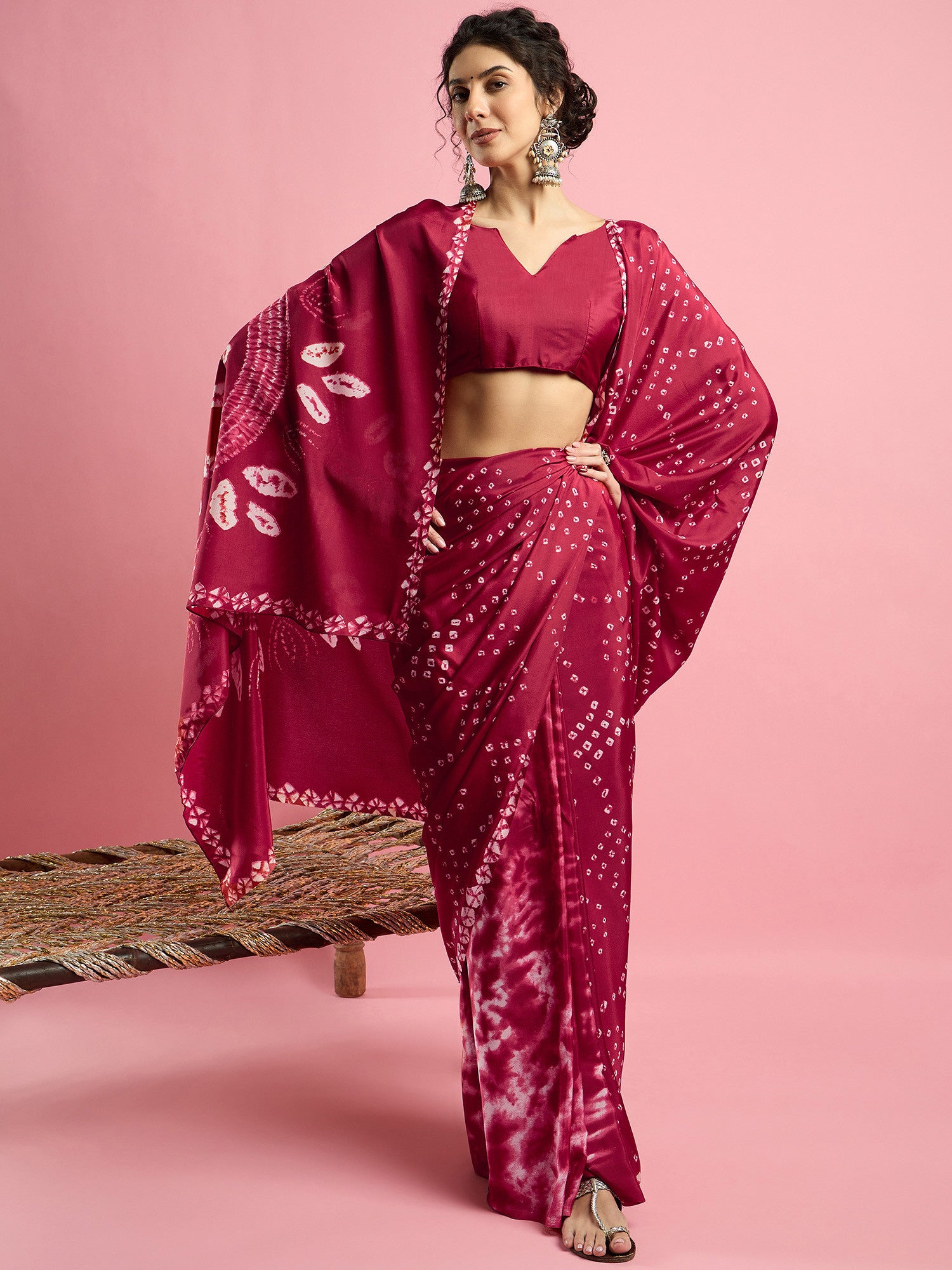 Women's Crepe Red Printed Designer Saree with Blouse Piece
