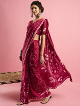 Women's Crepe Red Printed Designer Saree with Blouse Piece
