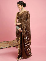 Women's Crepe Brown Printed Designer Saree with Blouse Piece