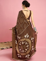 Women's Crepe Brown Printed Designer Saree with Blouse Piece