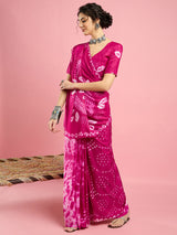 Women's Crepe Pink Printed Designer Saree With Blouse Piece